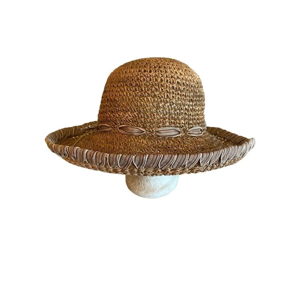 Natural Straw Hat Neutral Striped‎ Ribbon Detail One Size